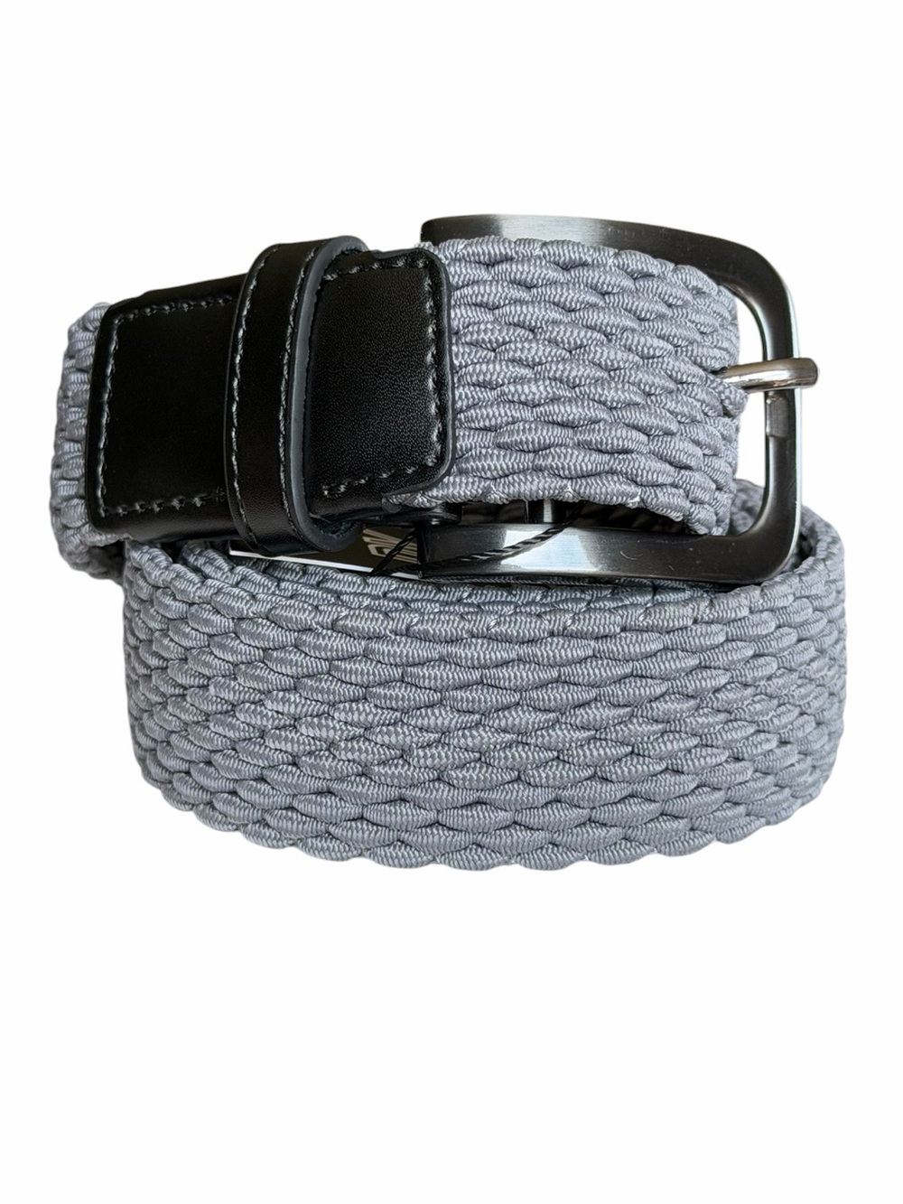 NWT PX Clothing Gray Woven Black Leather Preppy Stretch Belt
